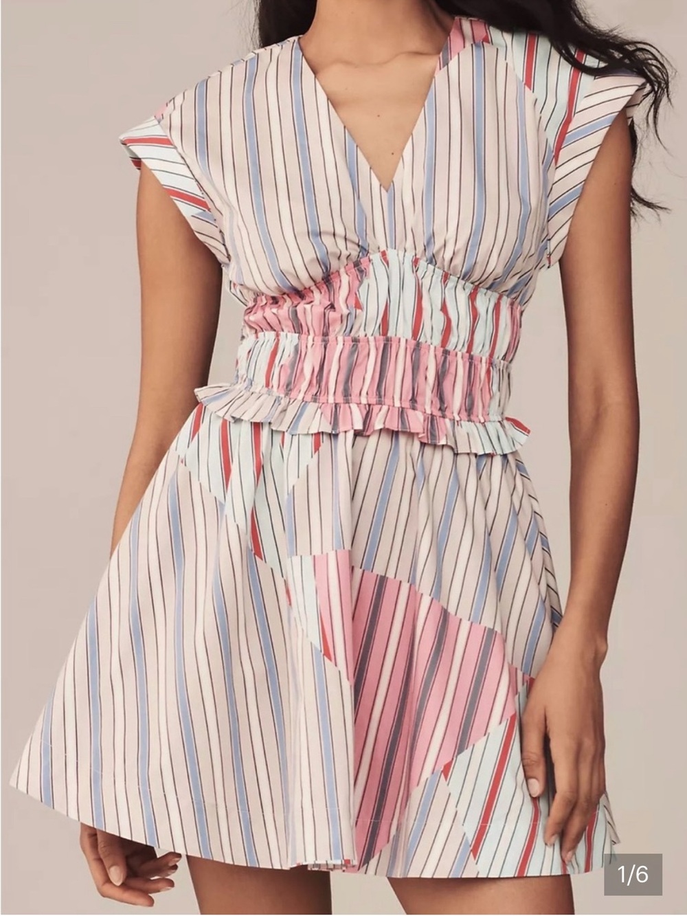 NWT Anthropologie Pink & Blue Multi Striped V-Neck Mini Dress, Size L